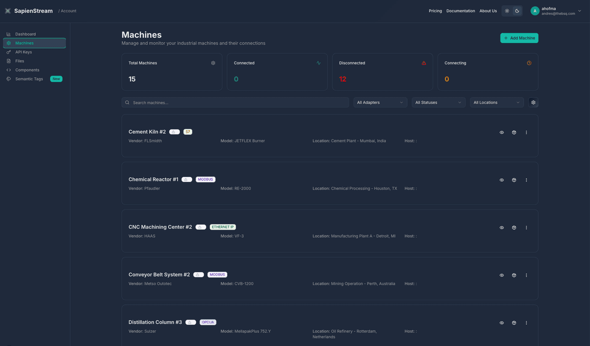 Digital Twin Dashboard with 21 endpoints for complete machine monitoring